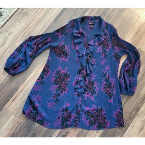 Lane Bryant Sheer Ruffle Button Up Tunic Top Size 18/20 Navy Blue Plum Floral